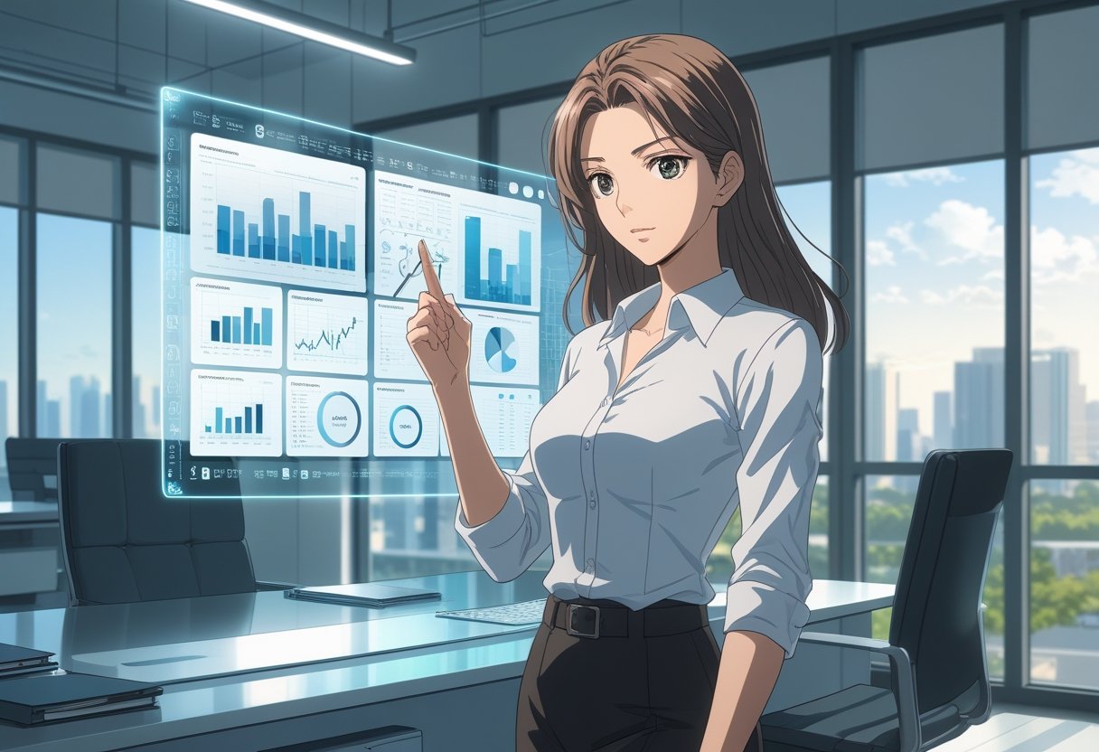 A young businesswoman analyzing data on a transparent digital screen in a modern office with a city view.