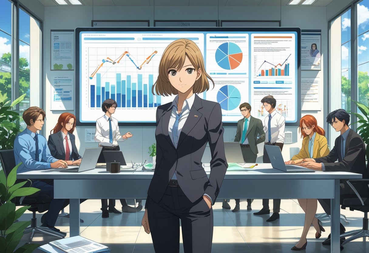 A young businesswoman leads a meeting with colleagues in a bright office, surrounded by charts, laptops, and documents.