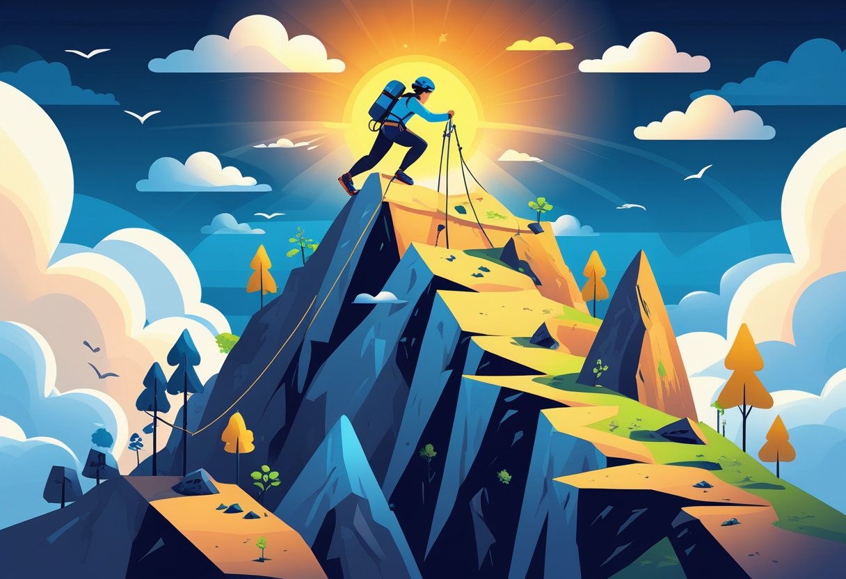 A person climbing a steep mountain with obstacles, reaching towards a glowing summit surrounded by trees and clouds.