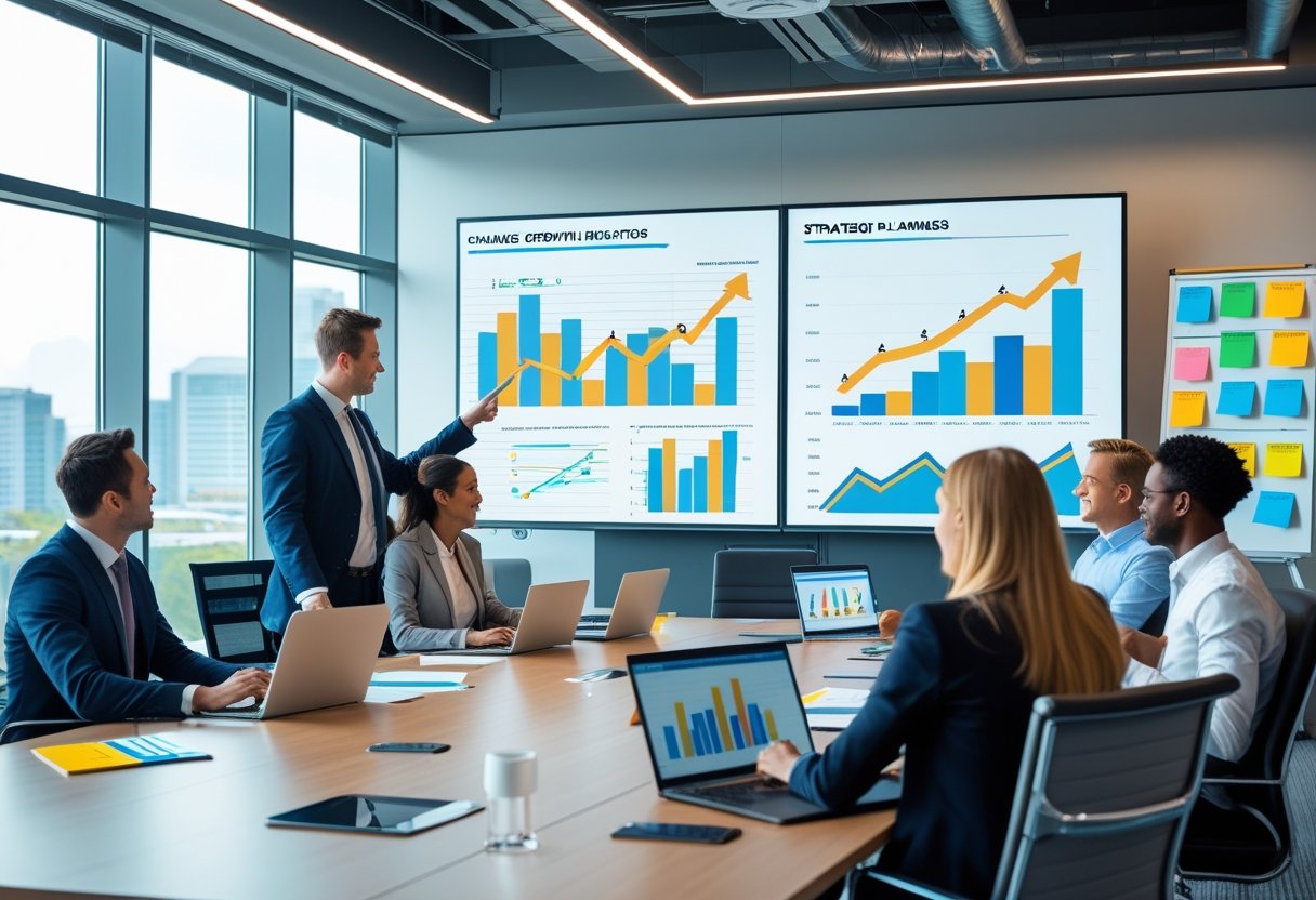 A group of business professionals collaborating around a conference table with charts and a digital screen showing growth graphs in a bright office.