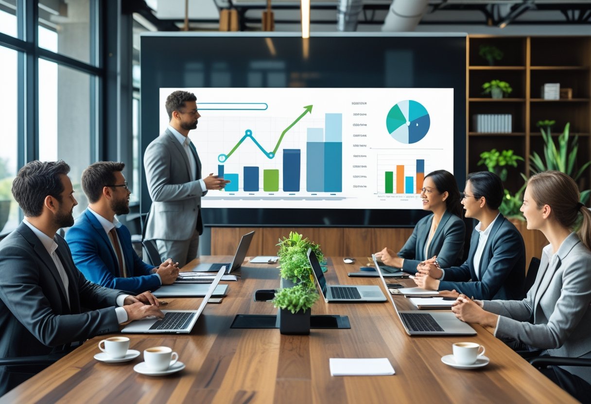 A group of business professionals collaborating around a conference table with laptops and charts in a bright office meeting room.
