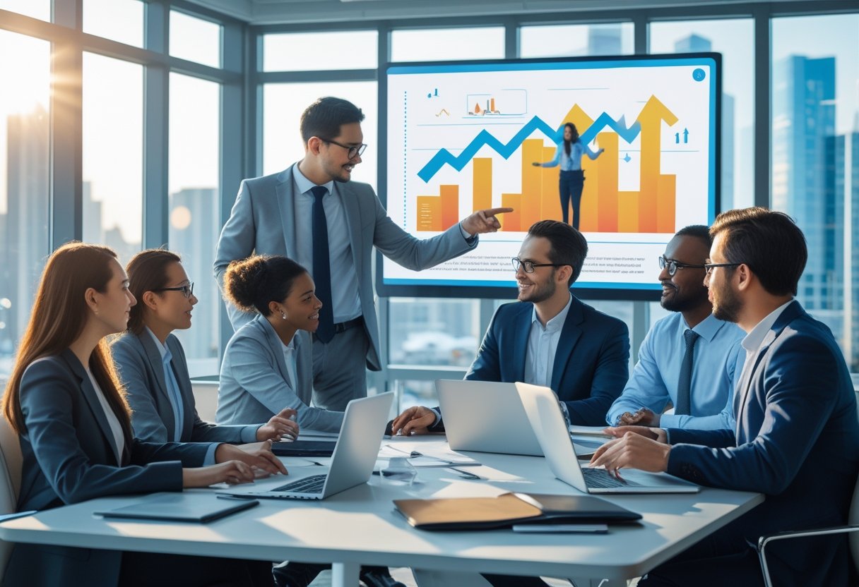 A group of business professionals collaborating around a conference table in a modern office with a city view, discussing ideas and looking at a digital screen.