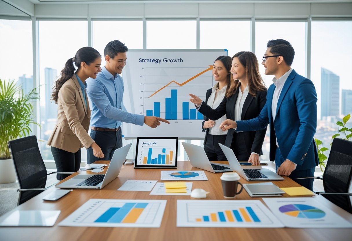Four business professionals collaborating around a table with laptops and charts in a bright conference room overlooking a city.