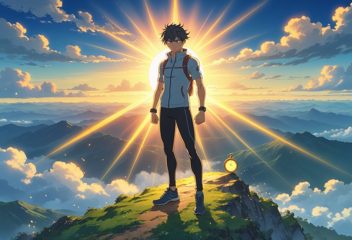 A determined young person standing on a mountain peak at sunrise, looking confident and focused with a vast landscape in the background.