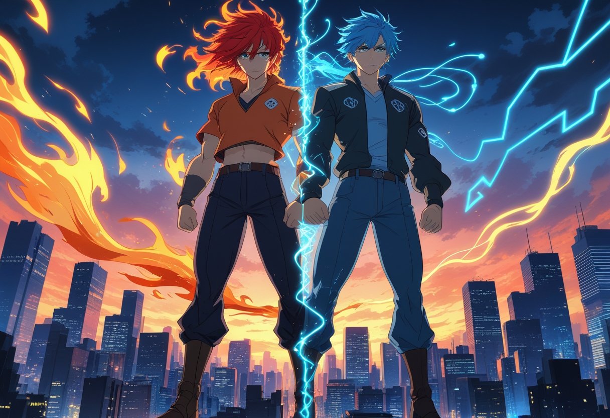 Two characters stand back-to-back in a city at dusk, one surrounded by flames and the other by glowing blue patterns, connected by glowing threads symbolizing teamwork and balance.