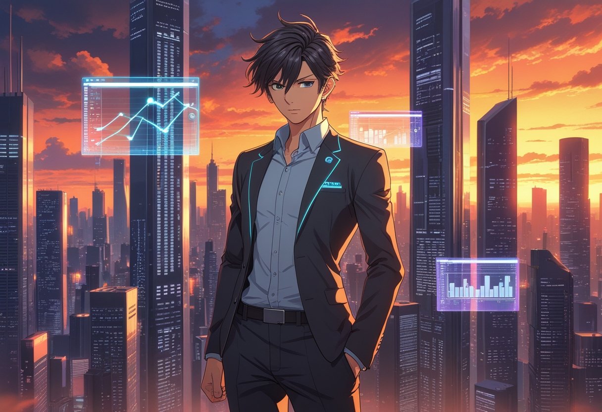 A confident young professional stands in front of a futuristic cityscape with floating holographic charts, showing determination and focus.