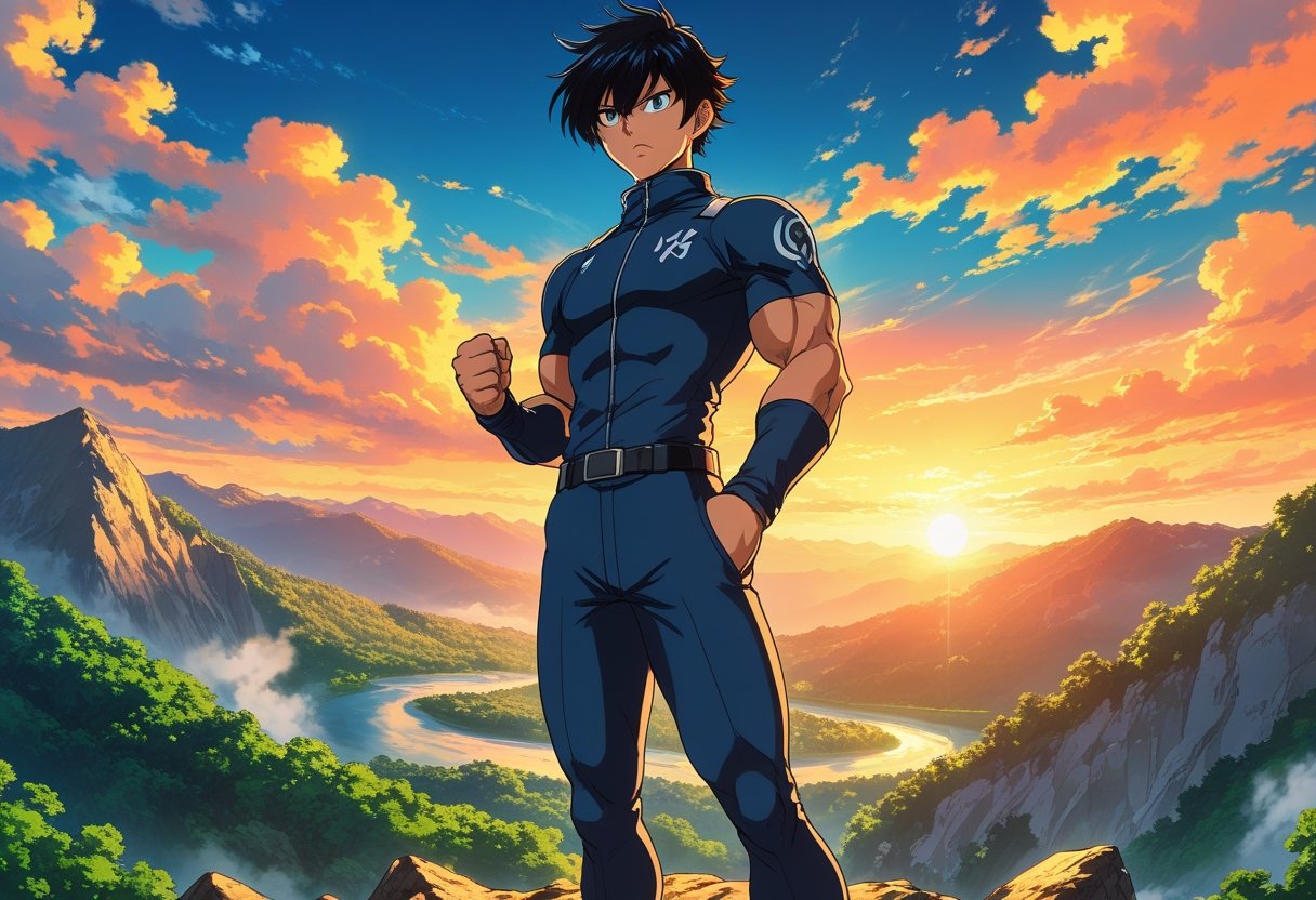 A young person stands confidently on a mountain peak at sunrise, surrounded by forests and a river, looking determined and focused.