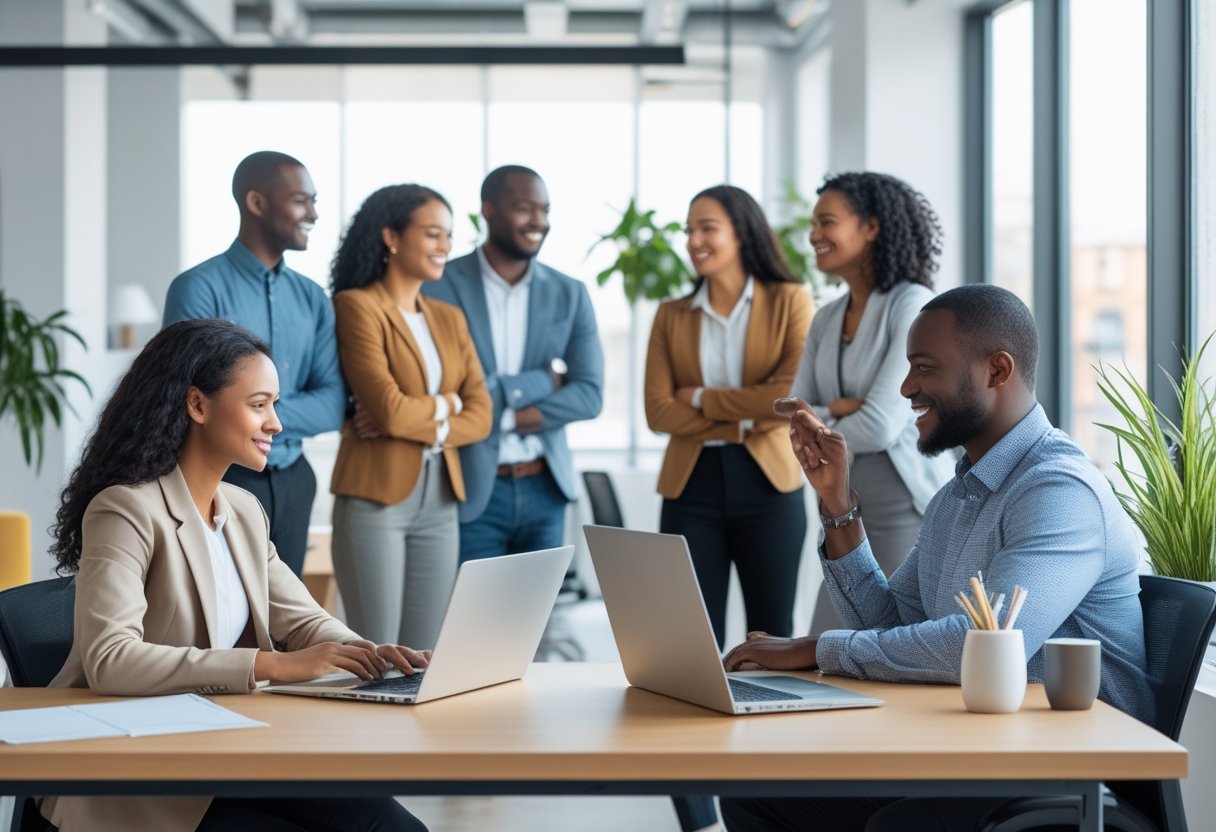 A group of coworkers in a modern office, with one person quietly working at their desk while others interact supportively nearby.