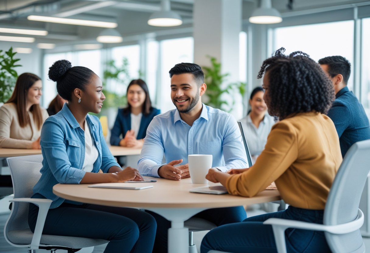 A manager attentively supporting an introverted employee in a modern office with colleagues collaborating in the background.