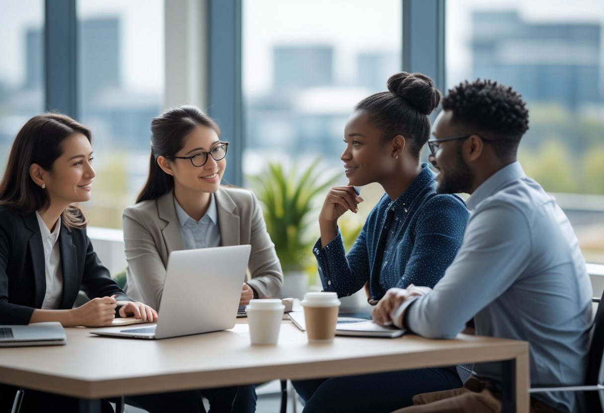 A group of coworkers having a supportive discussion in a modern office, with one person appearing introverted and others showing encouragement.