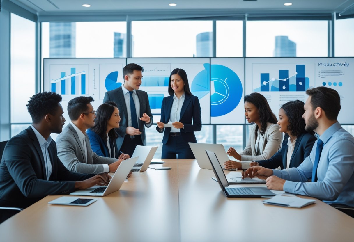 A diverse group of professionals engaged in a business meeting around a conference table with digital screens showing charts in a modern office.