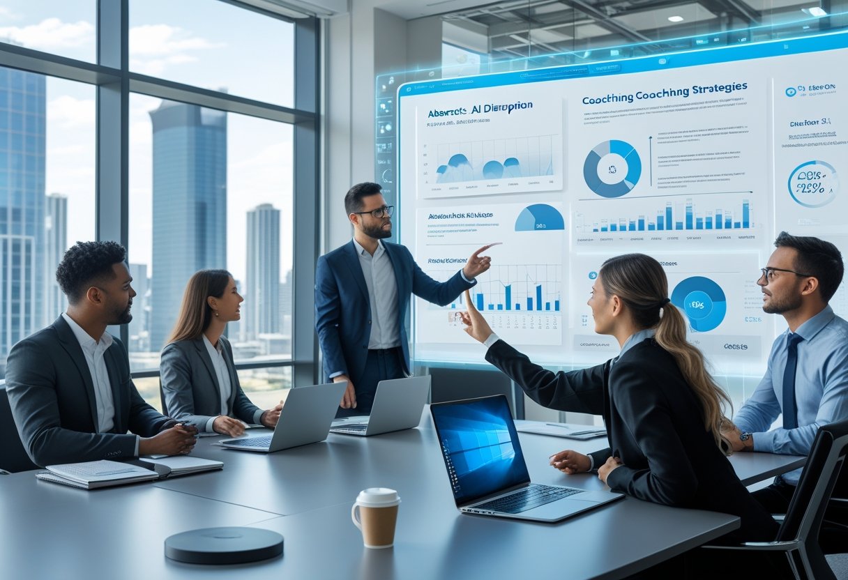 A group of business professionals collaborating around a conference table with digital devices and a transparent screen displaying data visualizations in a modern office.