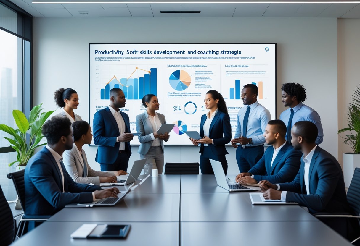 A diverse group of business professionals in a meeting room discussing strategy around a conference table with digital devices and a large screen displaying charts.