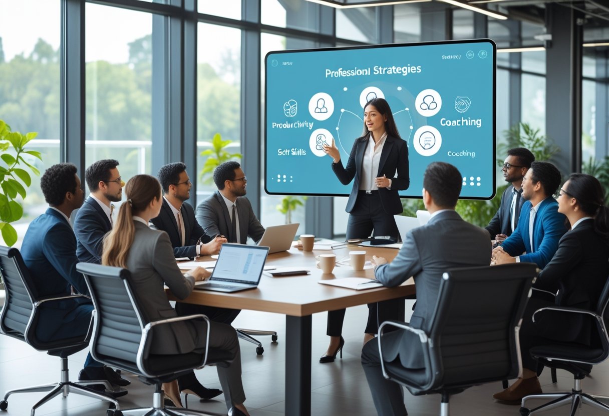A diverse group of business professionals having a meeting in a bright office, with a woman presenting ideas on a digital board while others listen and take notes.