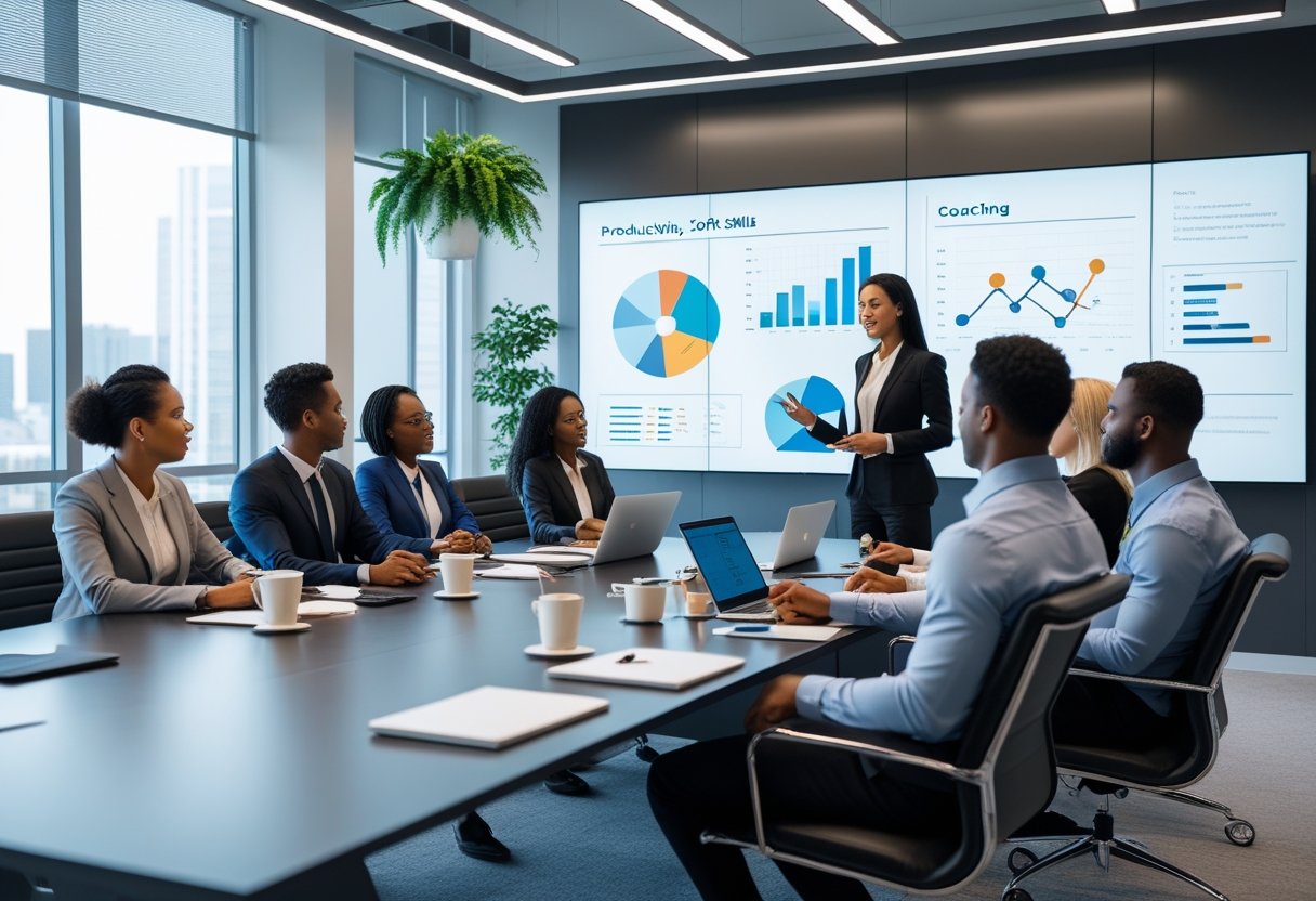 A group of business professionals in a meeting room listening to a leader presenting strategy with charts on a screen.