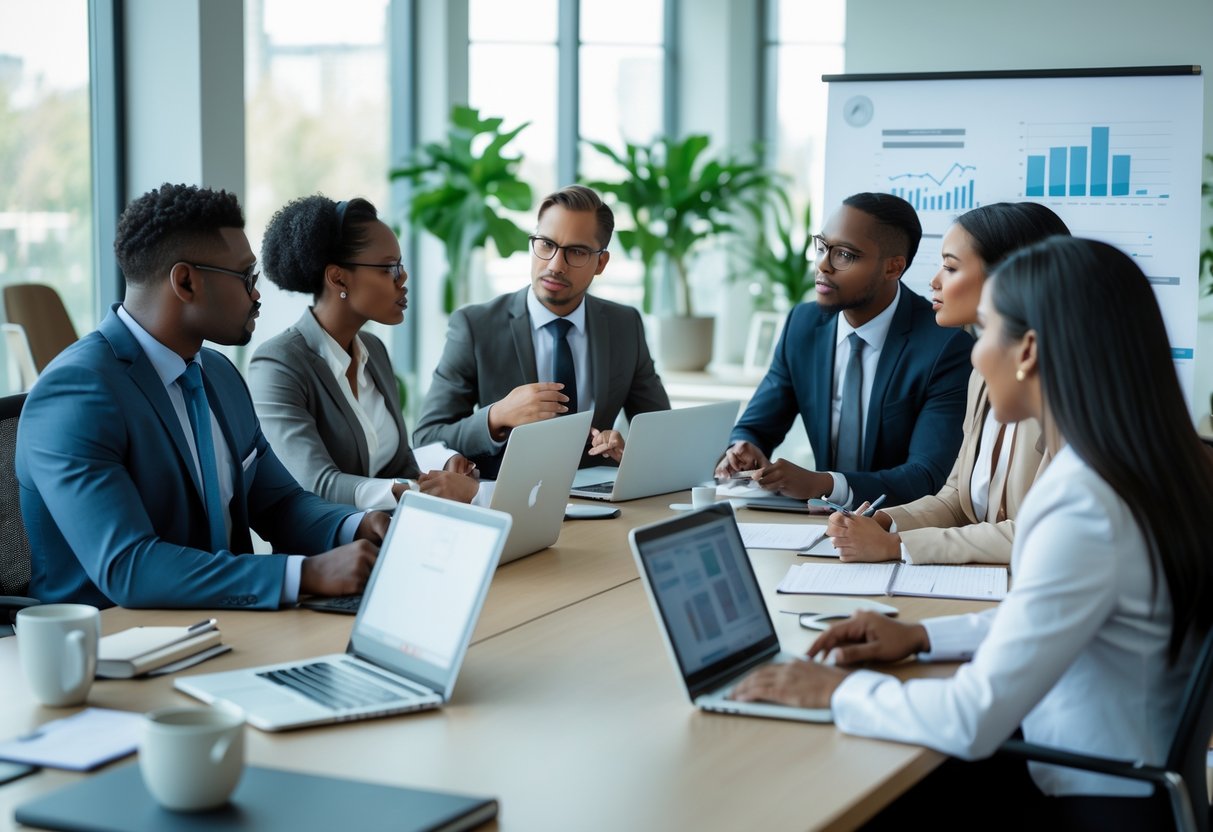 A diverse group of business professionals collaborating around a conference table in a modern office.