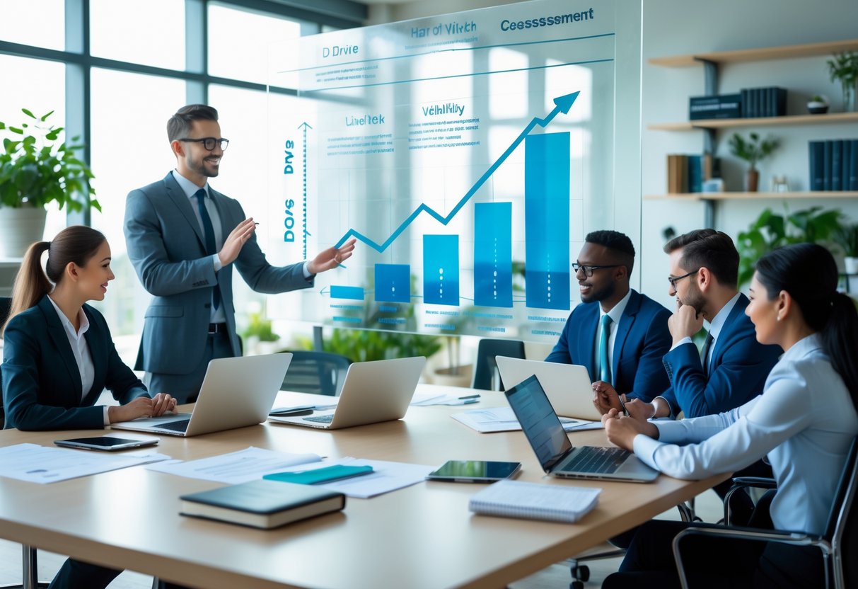 A group of business professionals collaborating in a modern office, with one person presenting ideas on a glass board while others review notes and work together.