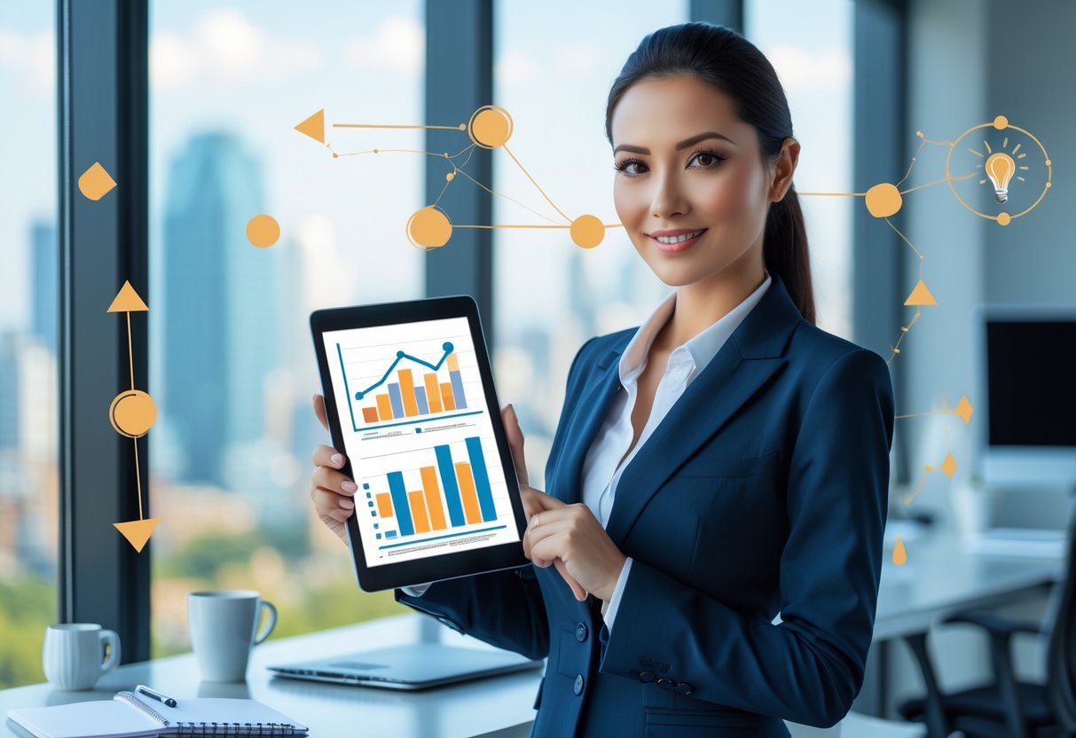 A confident businesswoman standing by a window in a modern office holding a tablet with charts, surrounded by symbols of growth and career progress.