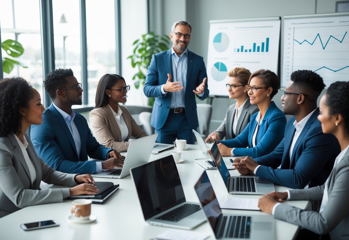 A group of business professionals in a meeting room participating in a coaching session with a manager leading the discussion.