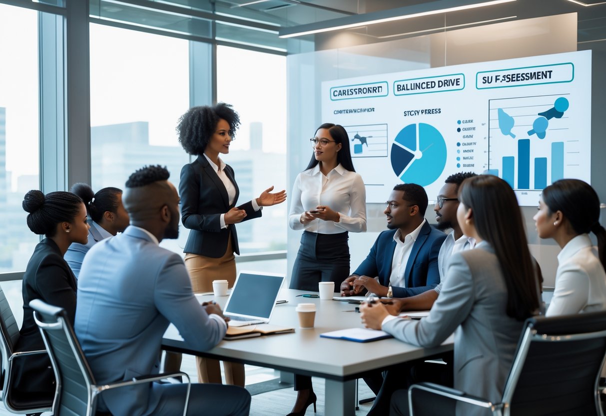 A group of business professionals in a modern office collaborating around a conference table with one person presenting data on a transparent screen.