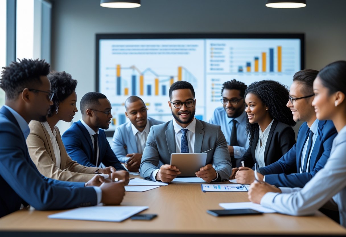 A diverse group of business professionals collaborating around a table in a modern office, with one person leading a discussion and charts displayed on a screen in the background.