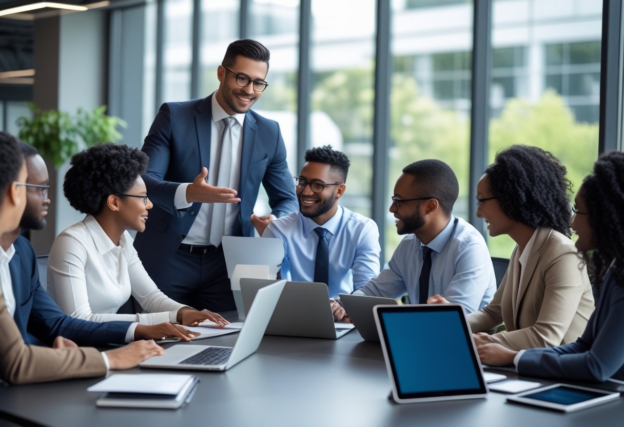 A group of business professionals in a meeting room, with one person presenting to attentive colleagues around a conference table.