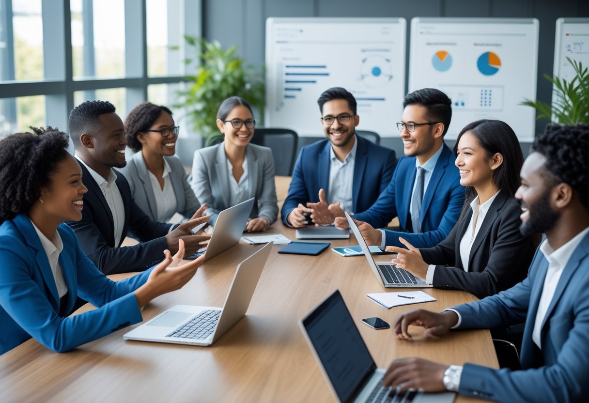 A diverse group of business professionals collaborating around a conference table in a modern office.