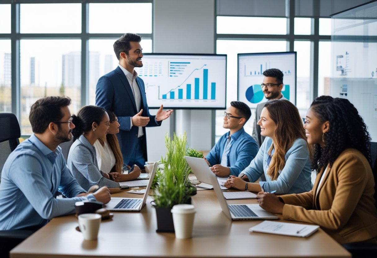A manager leading a team meeting with engaged employees in a modern office setting.