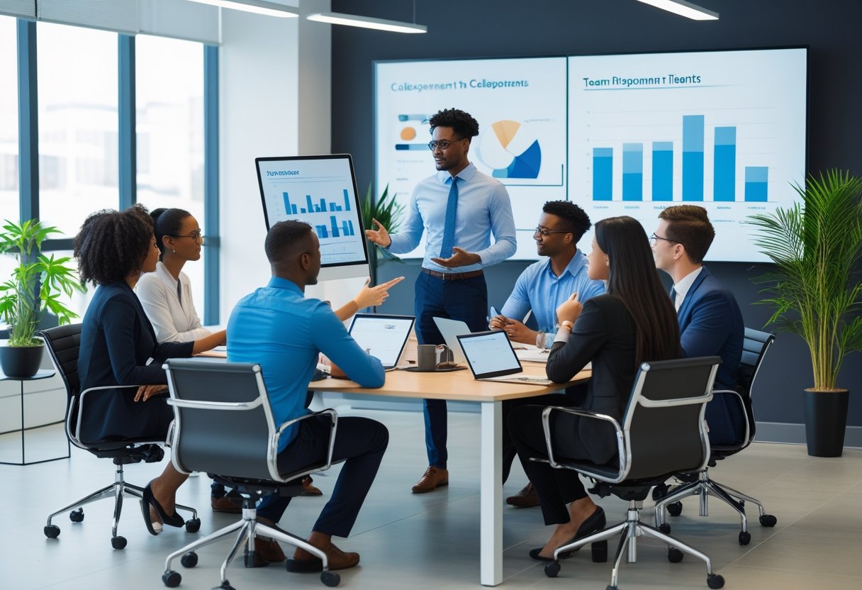 A group of business professionals collaborating in a modern office, with one person presenting information to the team.