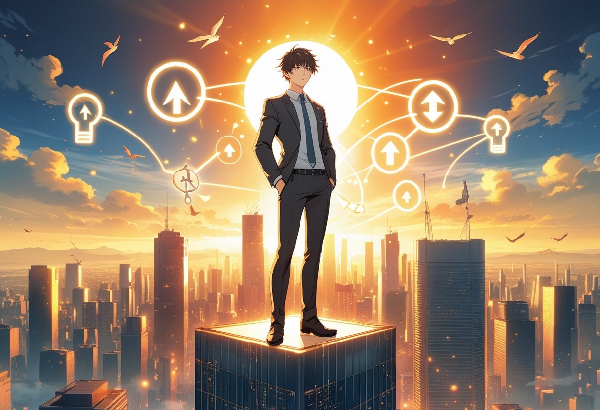 A confident young professional stands on a skyscraper rooftop overlooking a city at sunrise, surrounded by glowing icons representing growth and leadership.