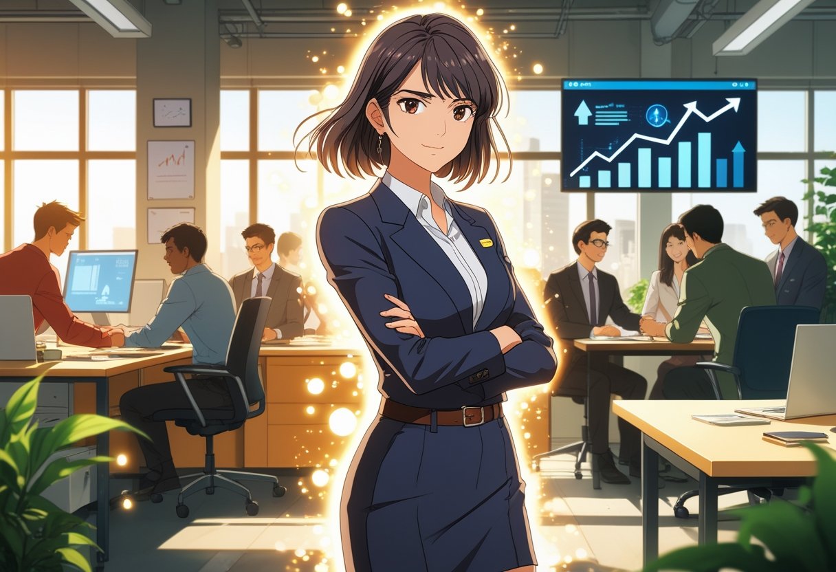 A confident young professional woman stands in an office surrounded by coworkers working together, with charts and screens showing progress in the background.