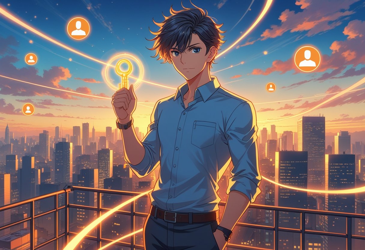 A young professional stands on a rooftop overlooking a city at sunset, holding a glowing key with light trails and icons symbolizing career growth around them.